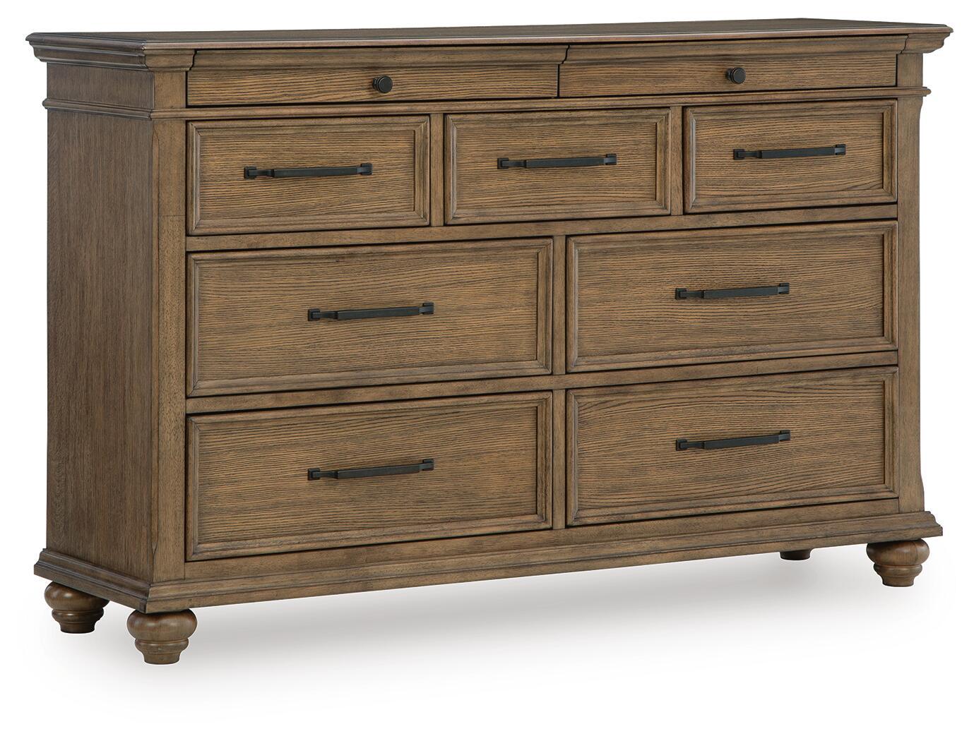 Dark brown dresser with multiple drawers and metal bar pulls, raised on turned legs.