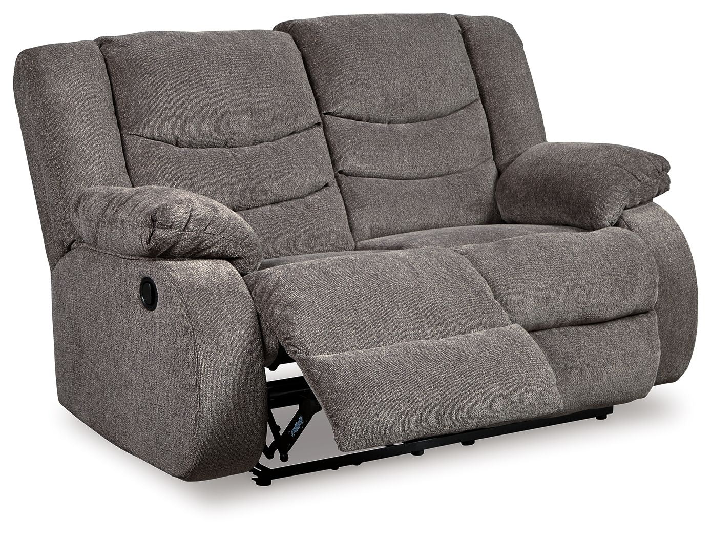 Gray reclining loveseat with tufted back, wide seat, and side recline handle