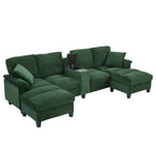 Green corduroy U-shaped sectional with double chaise and storage ottomans