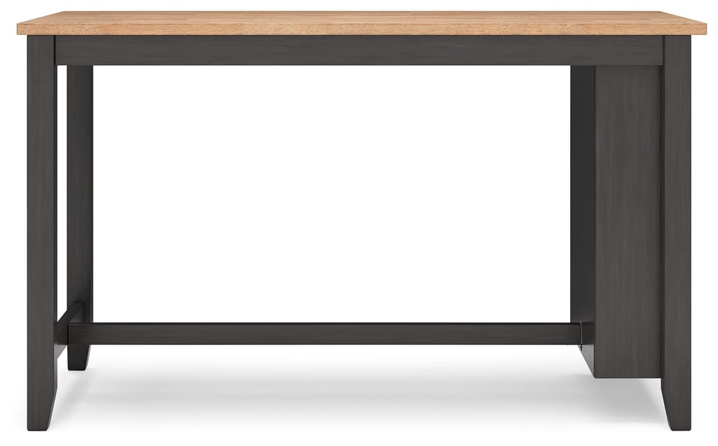 Rectangular dining table with dark gray frame and wood-look top.