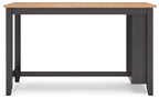 Rectangular dining table with dark gray frame and wood-look top.