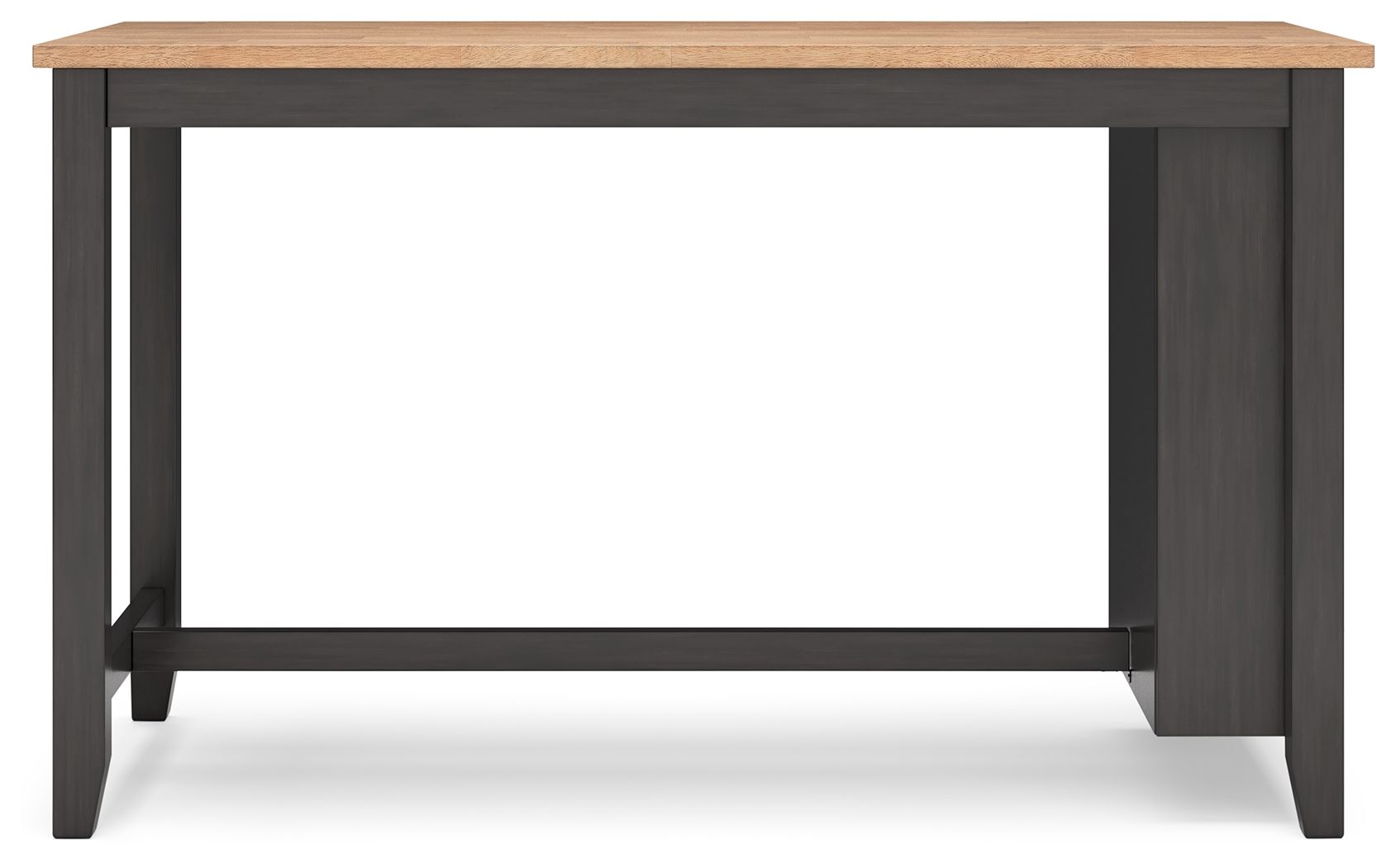 Rectangular dining table with dark gray frame and wood-look top.