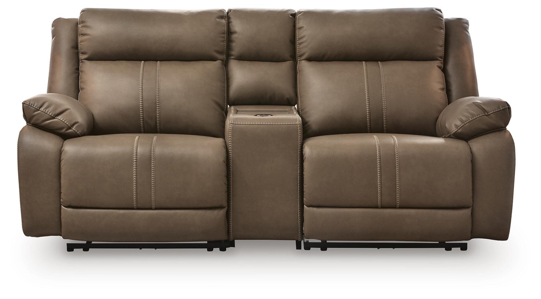 Taupe-brown power reclining loveseat with center console and two recline seats