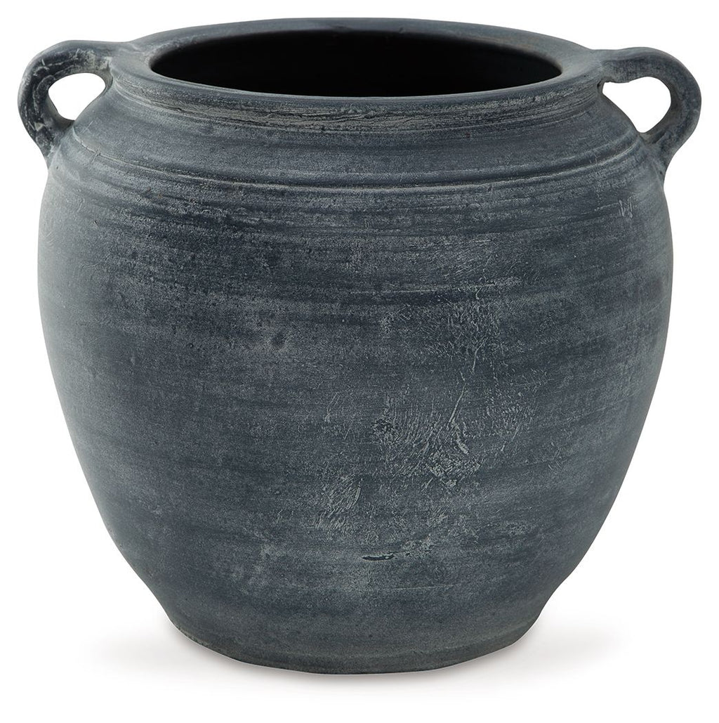 Meadie 9-inch vase, dark blue ceramic with side handles and textured bands