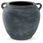 Meadie 9-inch vase, dark blue ceramic with side handles and textured bands
