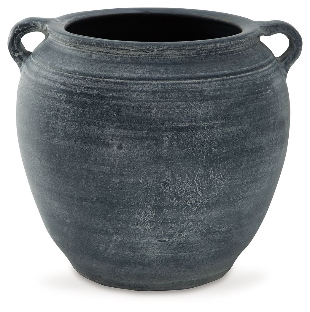 Meadie 9-inch vase, dark blue ceramic with side handles and textured bands