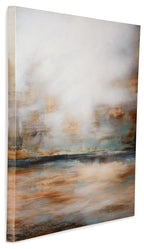 Rectangular abstract wall art canvas in grey, gold, and teal with layered waves