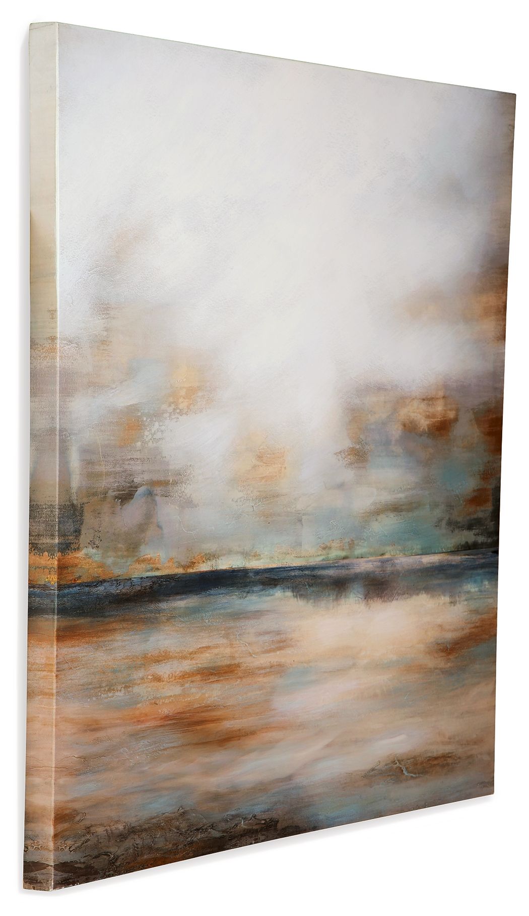 Rectangular abstract wall art canvas in grey, gold, and teal with layered waves