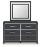 Black dresser with six drawers and square framed mirror, minimal front