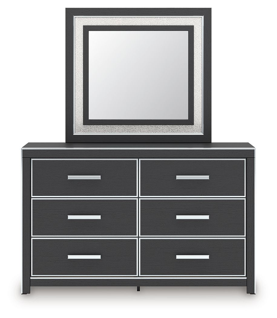 Black dresser with six drawers and square framed mirror, minimal front