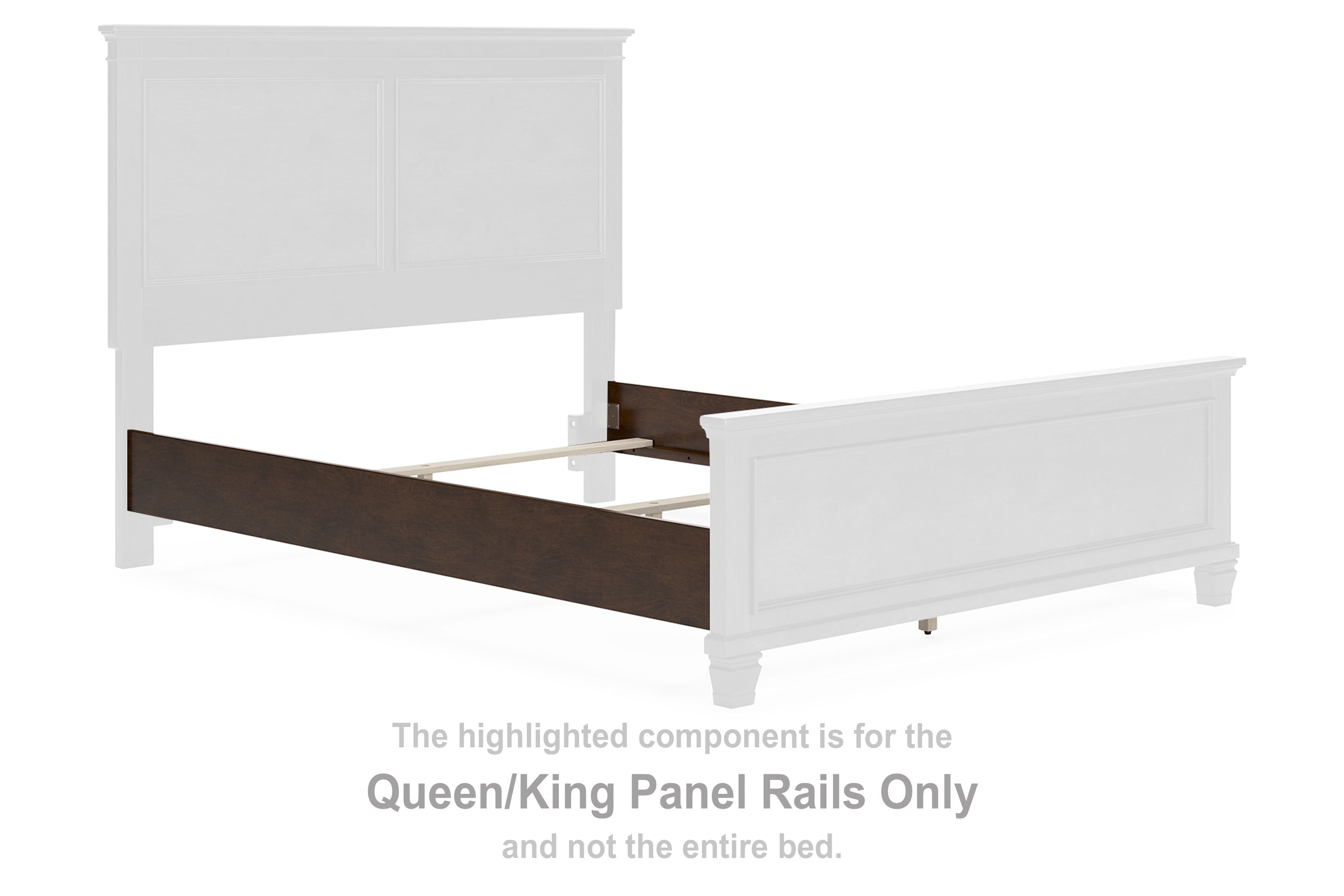 Brown Queen/King panel rail attached under a white bed panel, side rail