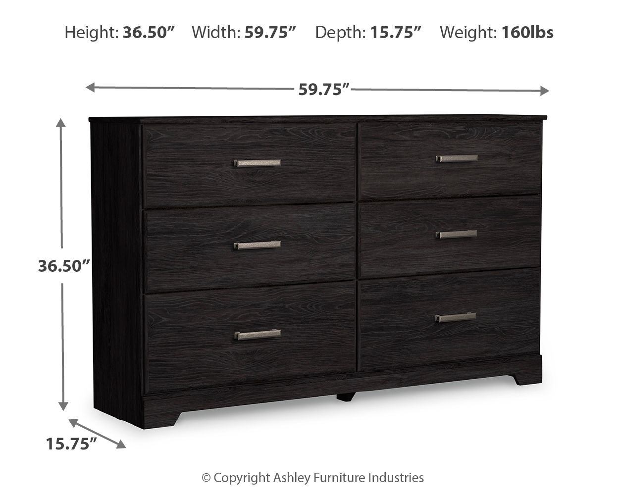 Charcoal dresser front with six drawers and metal bar pulls