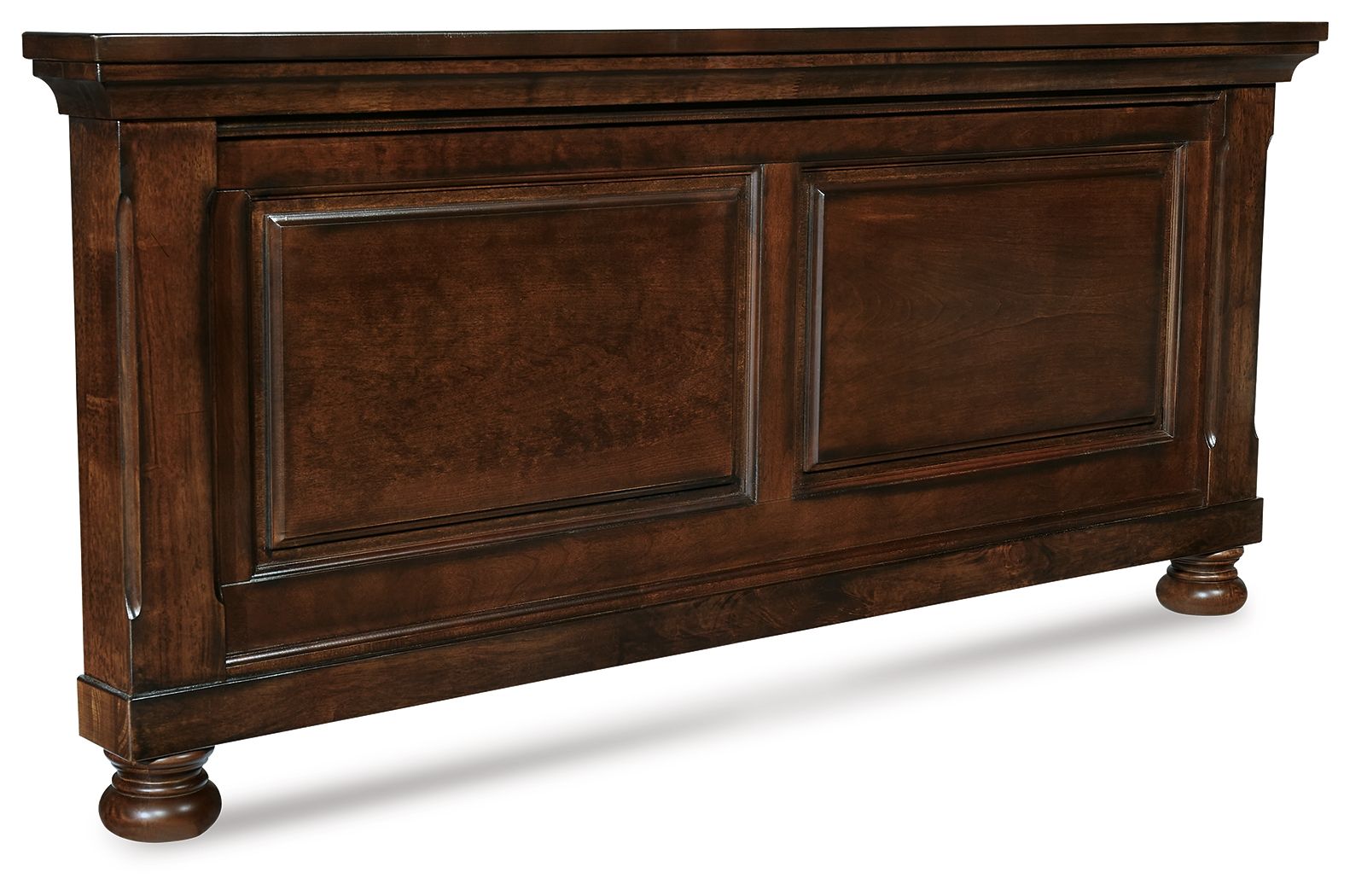 Queen panel footboard in rustic brown with two recessed panels and turned legs