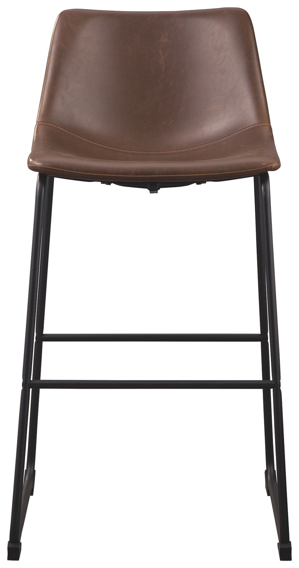 Brown upholstered barstool with curved seat and back, black metal frame, front view