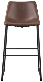 Brown upholstered barstool with curved seat and back, black metal frame, front view