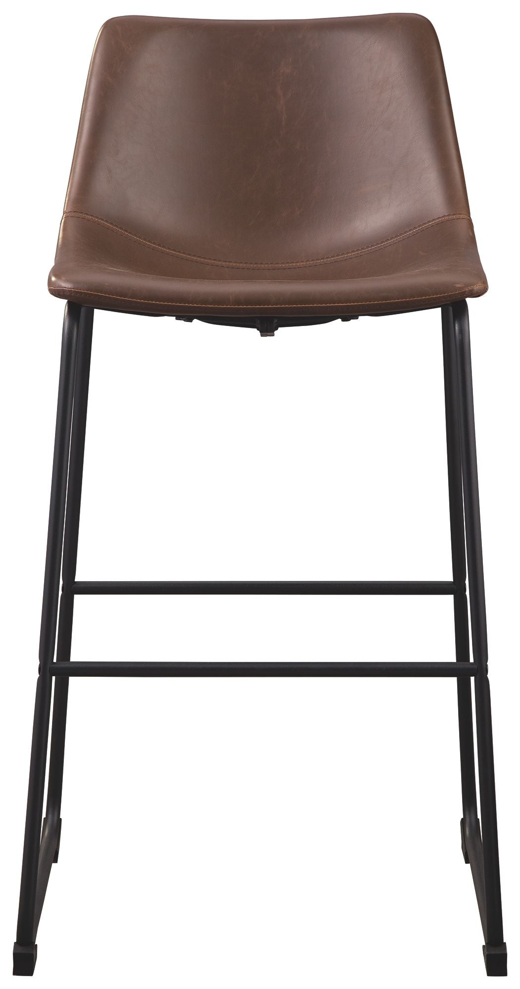 Brown upholstered barstool with curved seat and back, black metal frame, front view
