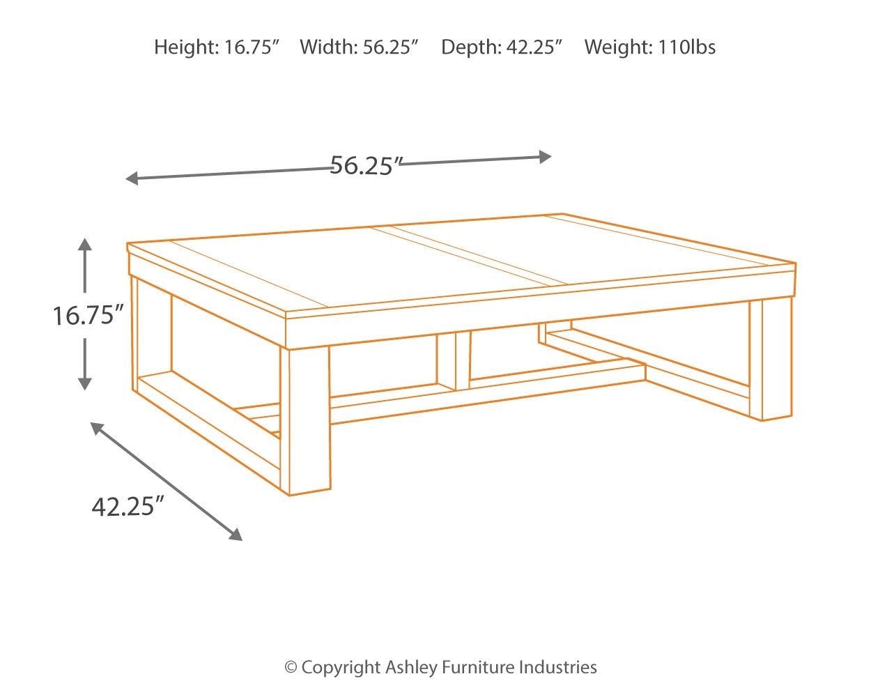 Rectangular cocktail table line drawing with height, width, depth measurements