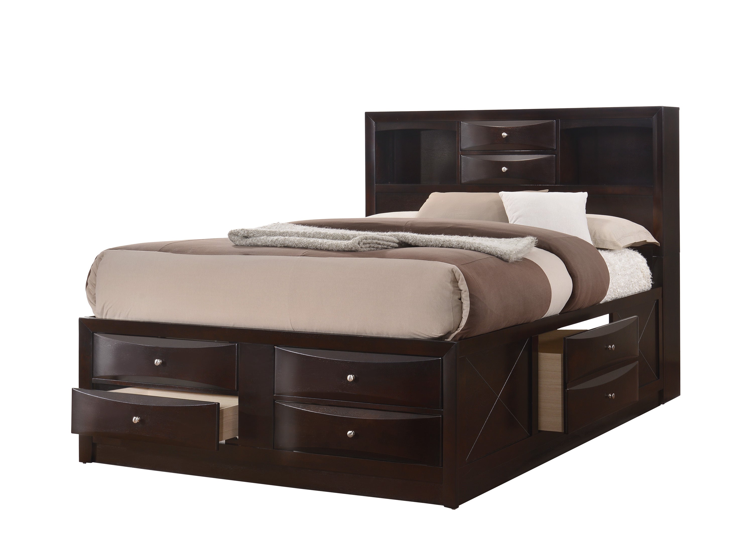 Queen Captain's Platform Bed w/Bookcase Headboard, Storage, Cherry Wood