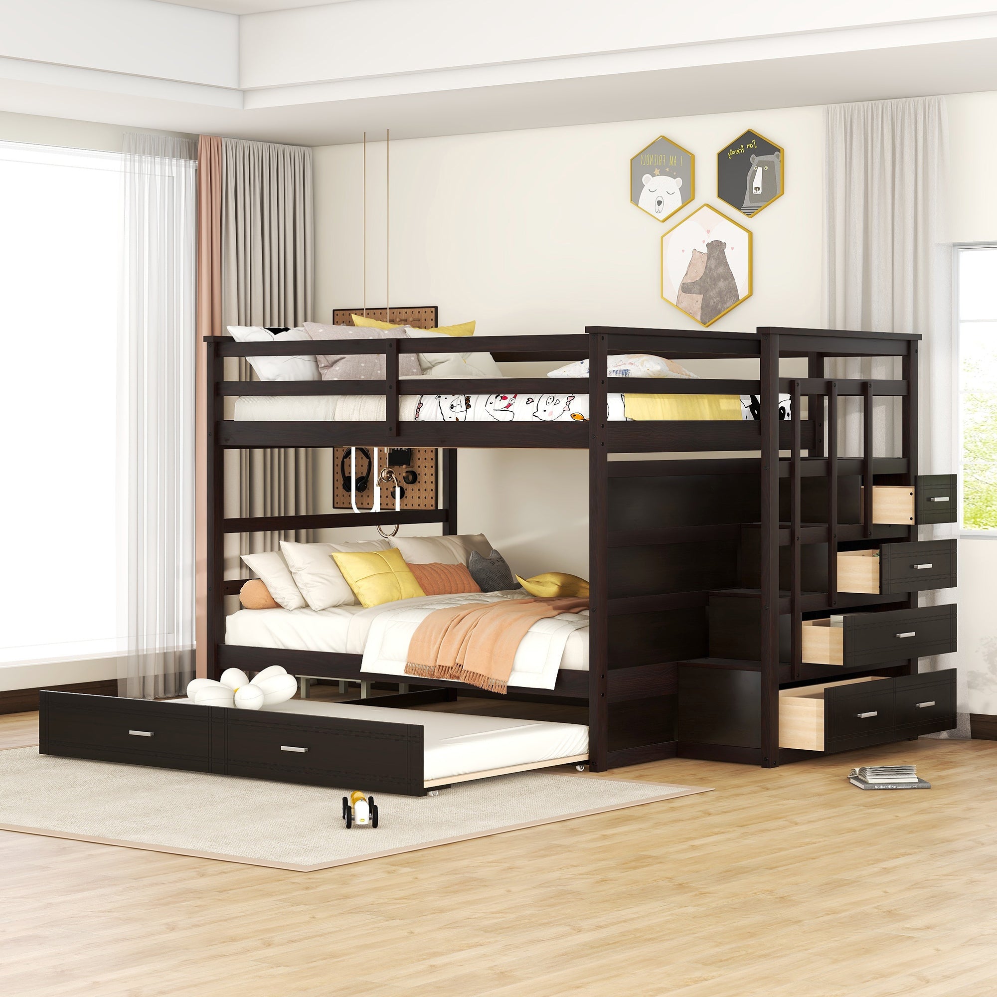Espresso Full Over Full Bunk Bed with Twin Trundle & Staircase