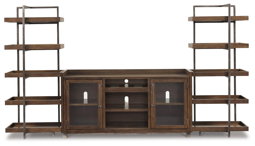 Dark brown TV stand front with three glass-front doors and matching side shelving units
