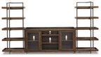Dark brown TV stand front with three glass-front doors and matching side shelving units