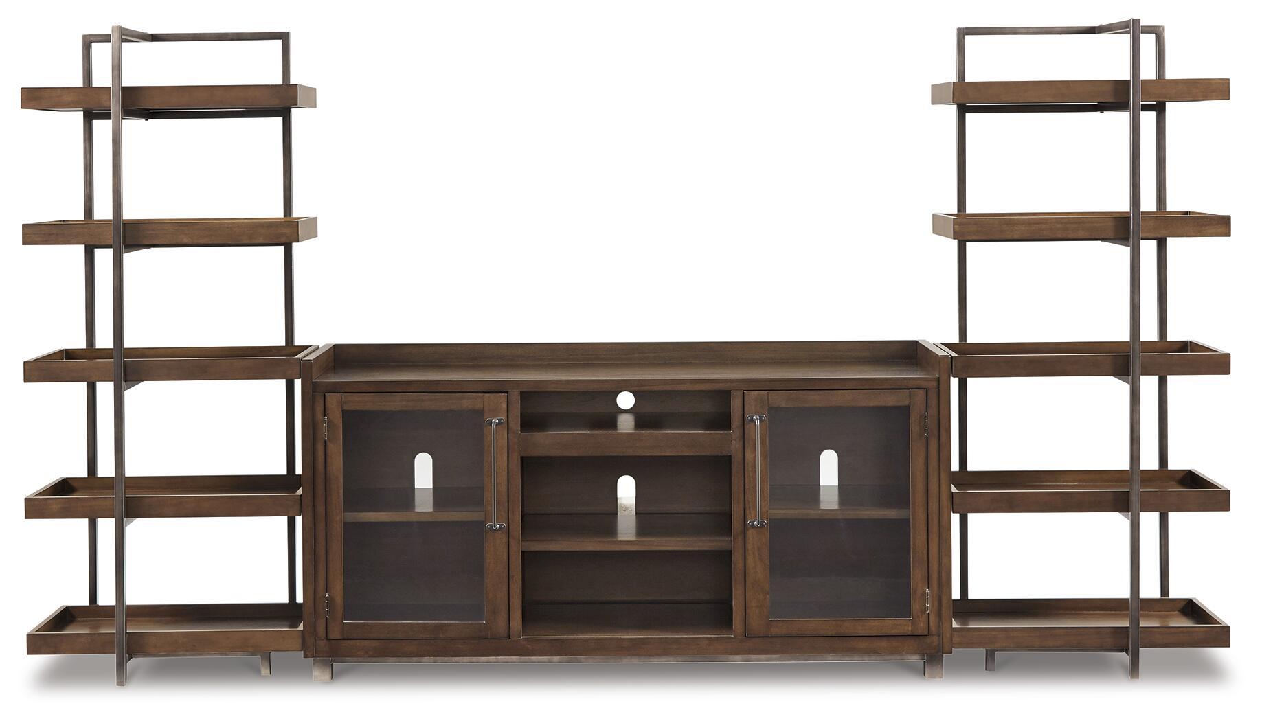 Dark brown TV stand front with three glass-front doors and matching side shelving units