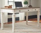 Lift-top desk, white finish with brown top and drawers, shown open for storage