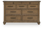 Dark brown dresser with six drawers and metal bar pulls, compact profile on turned legs.