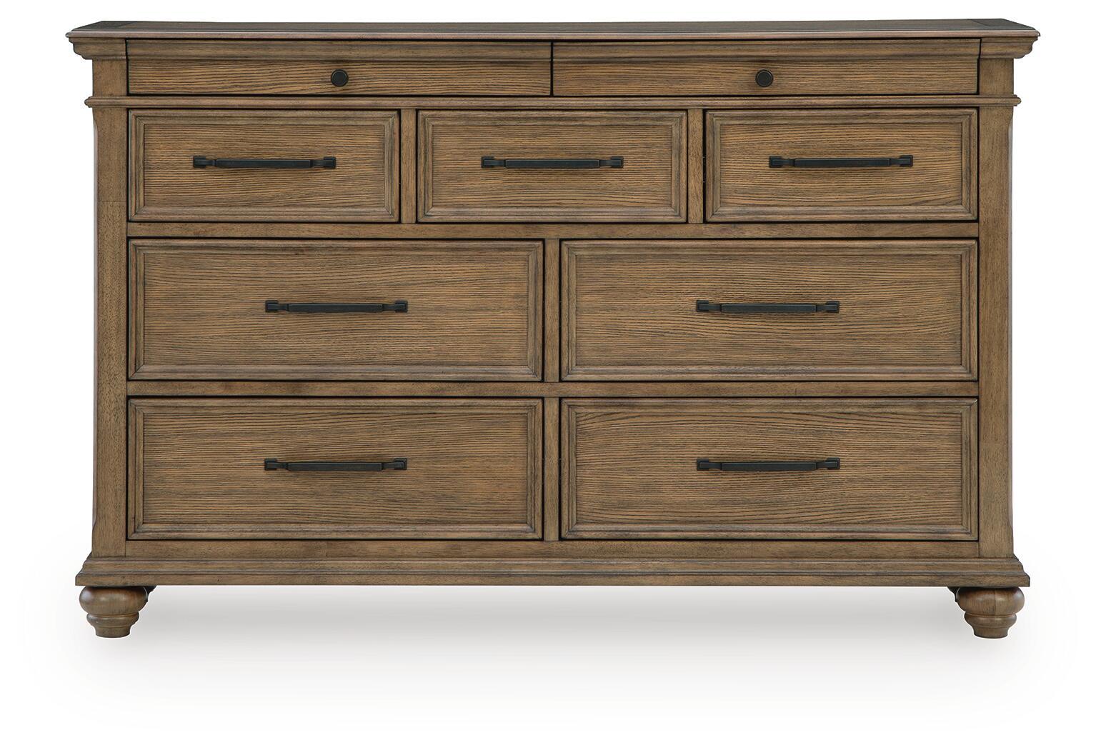 Dark brown dresser with six drawers and metal bar pulls, compact profile on turned legs.