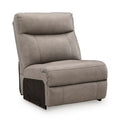 Armless upholstered chair with tall back, padded seat, and dark base legs