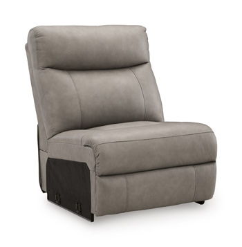 Armless upholstered chair with tall back, padded seat, and dark base legs