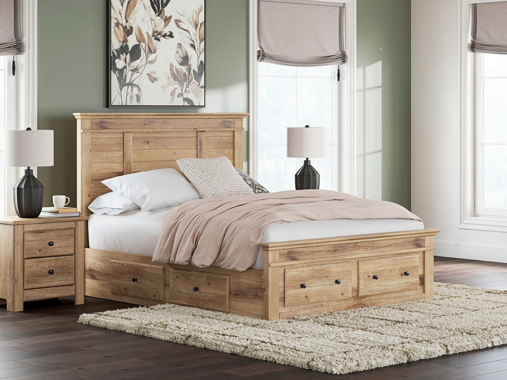 Light brown wooden panel storage bed with under-bed drawers and a slatted base