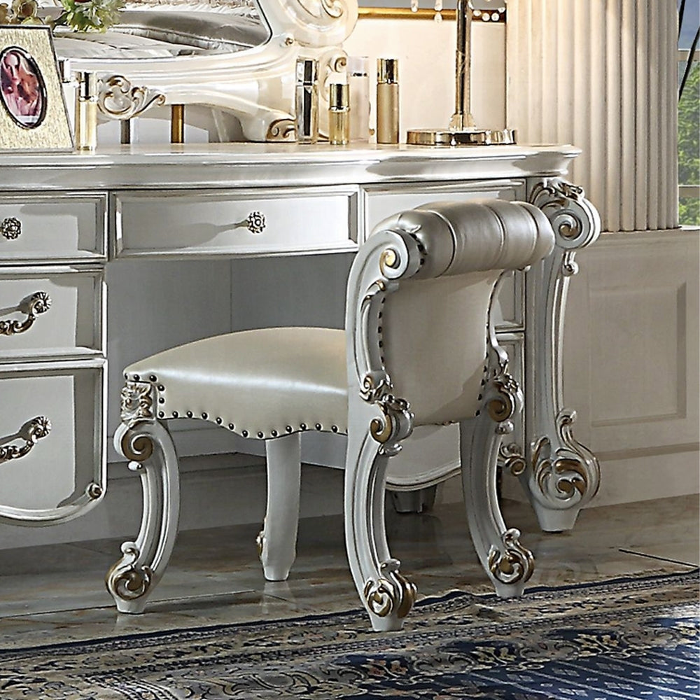 Beige Antique Silver Vanity Stool with Nailhead Trim