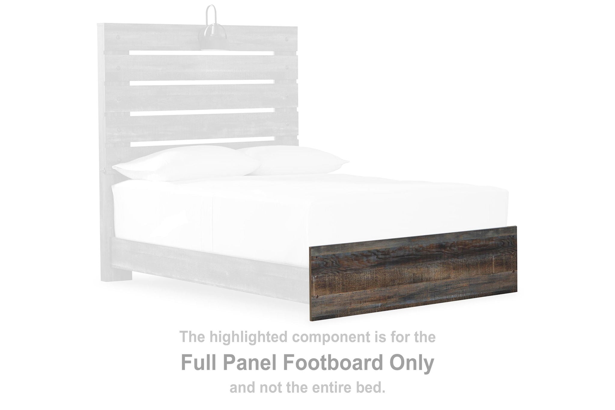 Brown wood full panel footboard with rectangular panel front, beige side trim