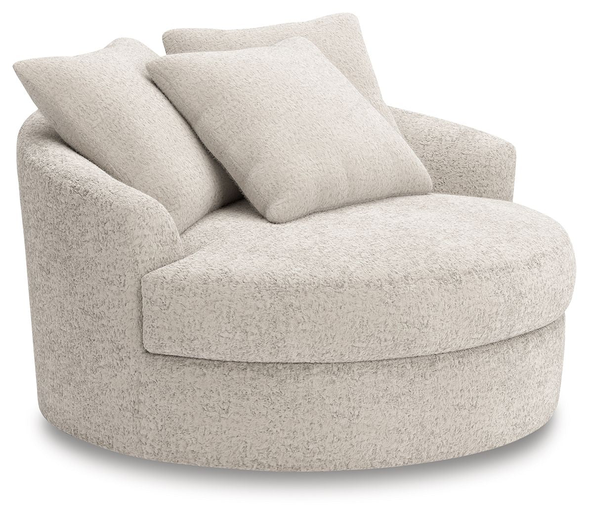 Swivel accent chair with rounded arms and boucle-style upholstery, light beige.