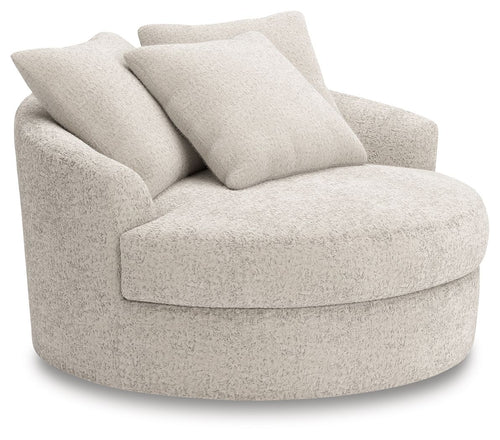 Swivel accent chair with rounded arms and boucle-style upholstery, light beige.