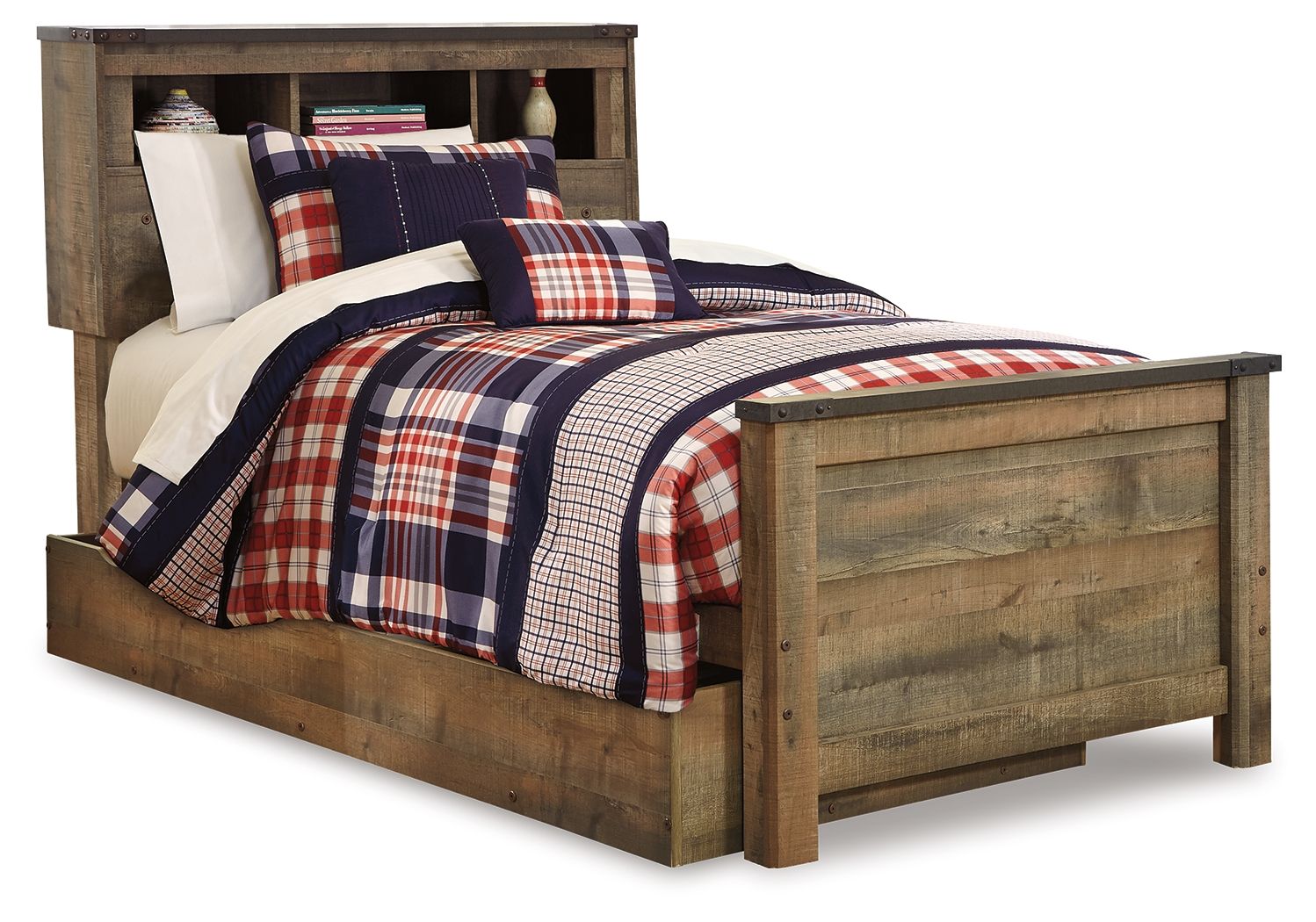 Twin bookcase bed with storage drawer, brown wood frame and headboard shelves