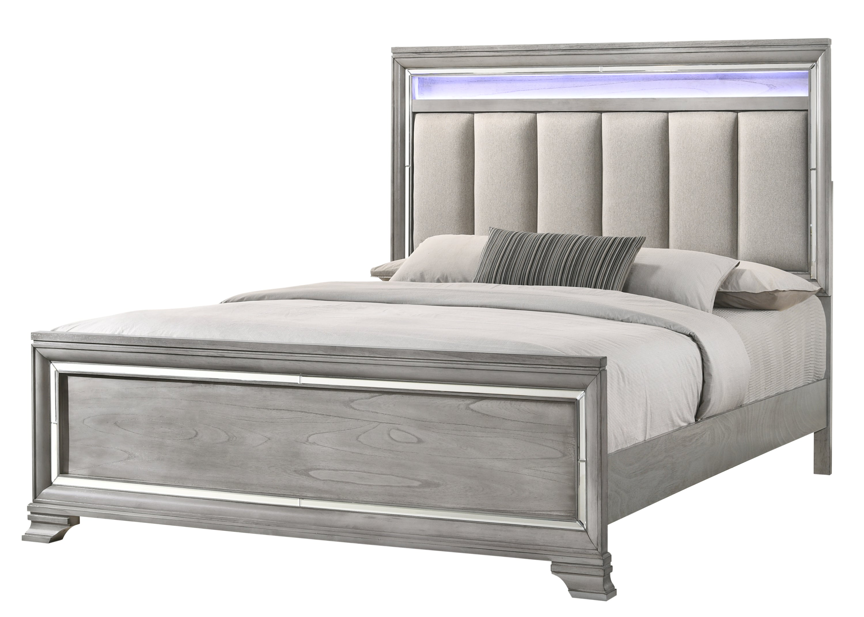 King Panel Bed with LED, Tufted Headboard, Soft Gray Wood Finish