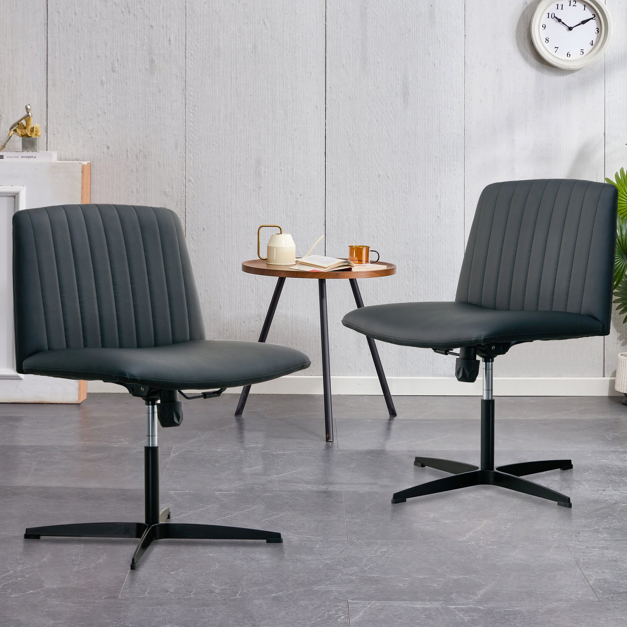 Black PU Leather Home Office Chair, 360° Swivel, No Wheels