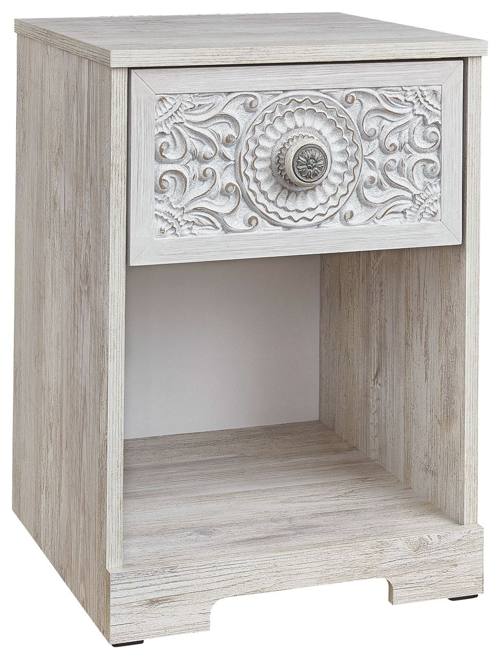 Whitewash one-drawer night stand with ornate carved drawer front and open shelf