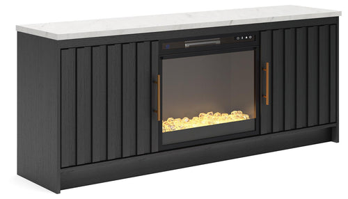 Cadmori TV stand with faux firebrick fireplace insert, black cabinet with double doors