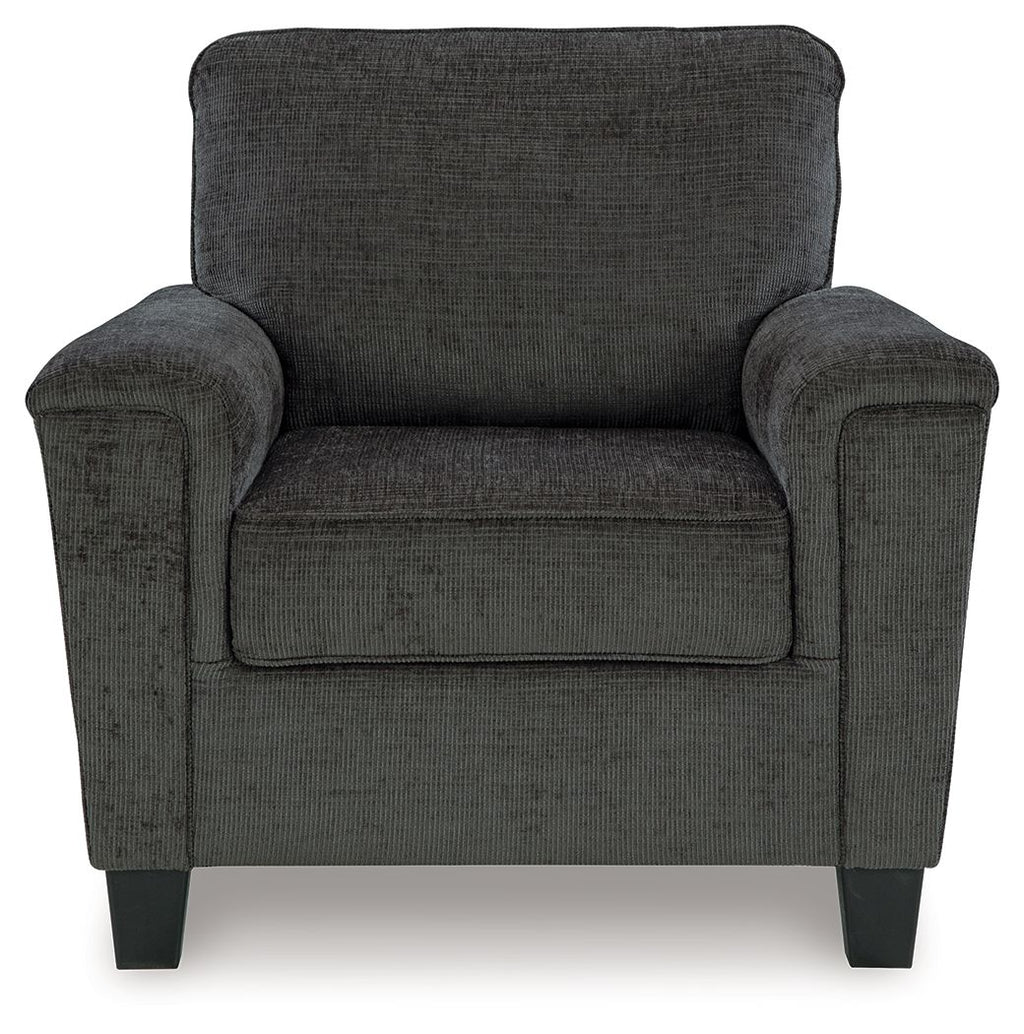 Black upholstered armchair with tall back and boxed seat cushions