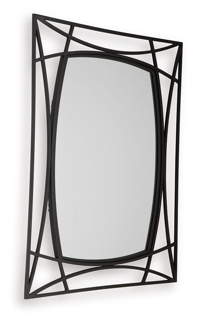 Black accent mirror with tall oval glass and angular geometric frame