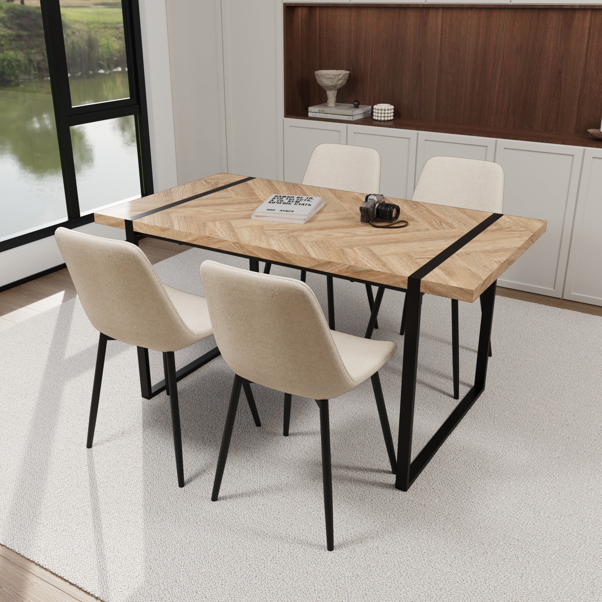 59" Modern Dining Table & 4 Chairs Set - Light Wood