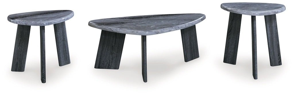 Set of 3 gray occasional tables with round tops and tapered dark legs