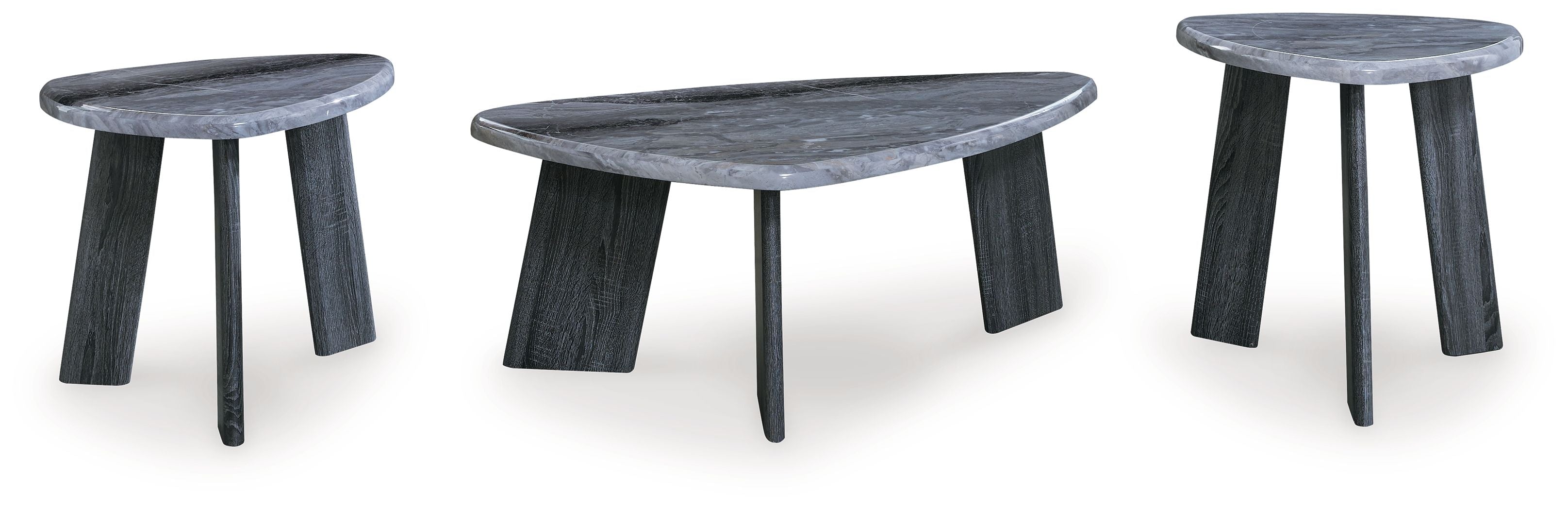 Set of 3 gray occasional tables with round tops and tapered dark legs