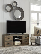 Dark brown wood TV stand with open center shelf and two drawer cabinets