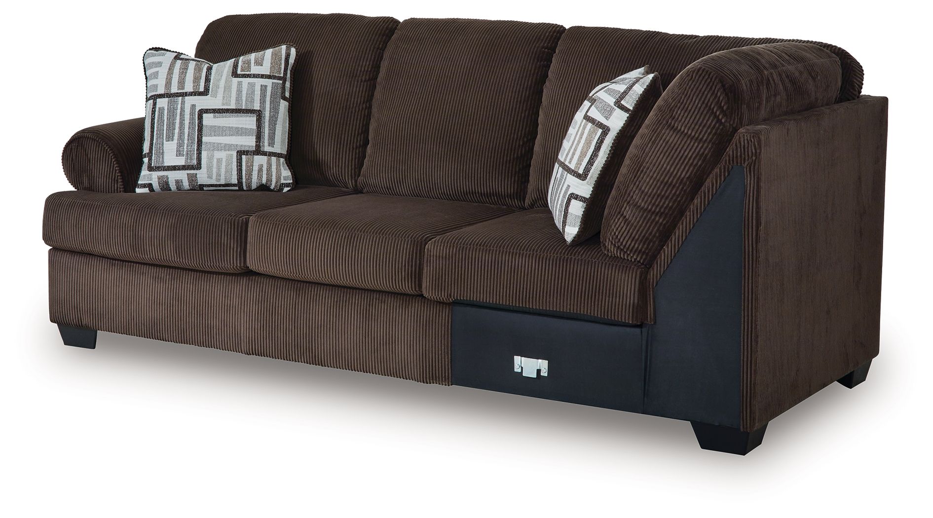 Dark brown corner wedge sectional sofa with armrests, seat cushions, and patterned pillows