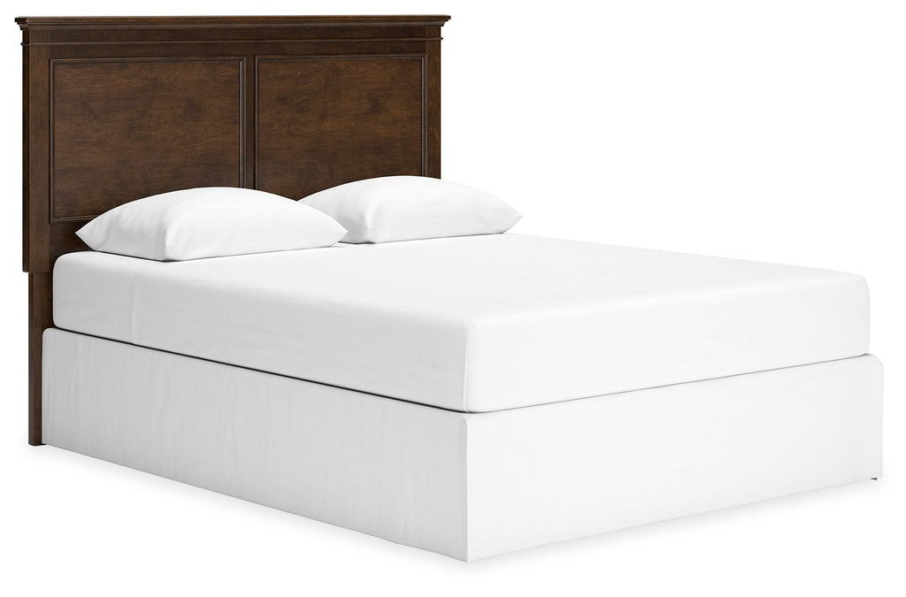 Brown queen panel headboard with two centered vertical panels and flat top rails