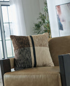 Square throw pillow, dark brown and beige patchwork with vertical teal stripe